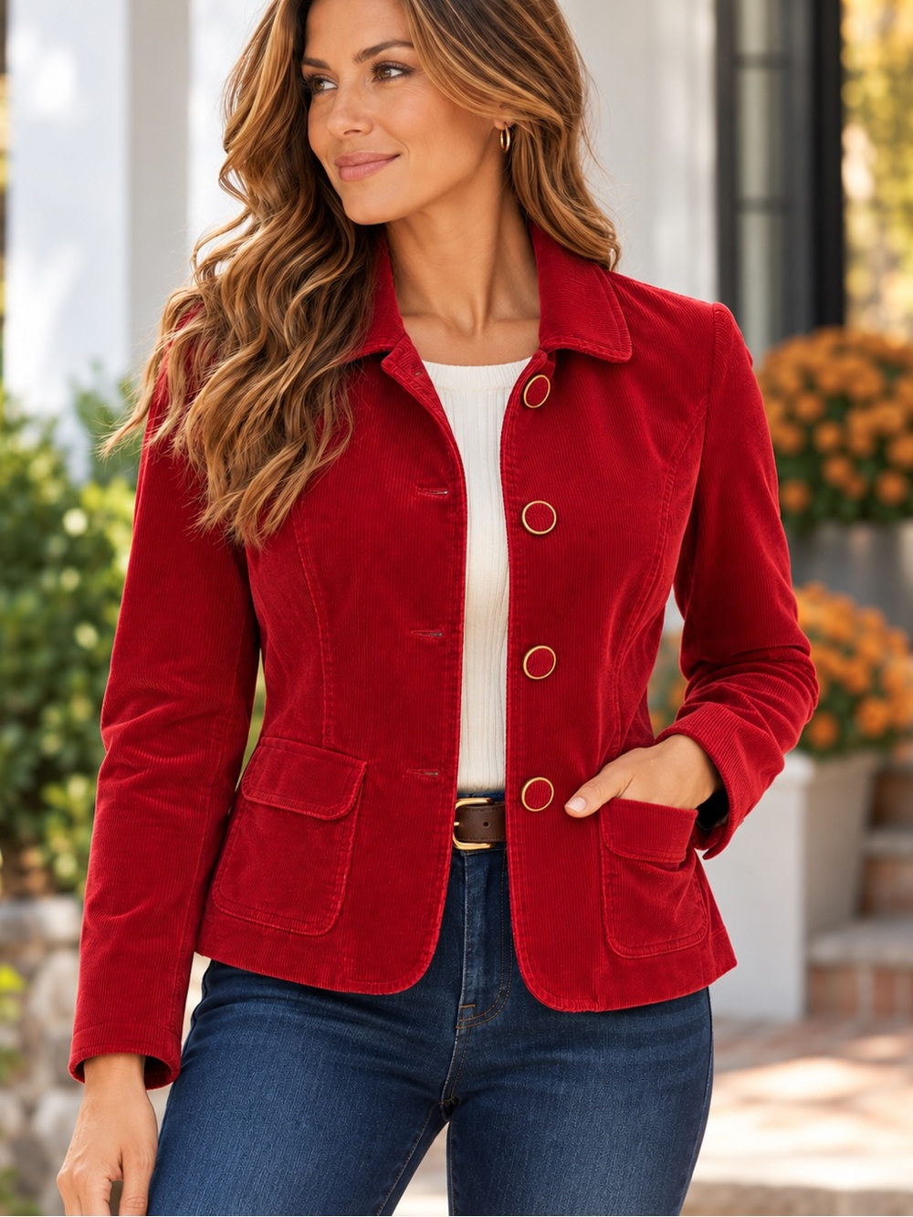 Talbots Red Corduroy Blazer Jacket Women’s 6P Petite Velvet Collar Ring Buttons